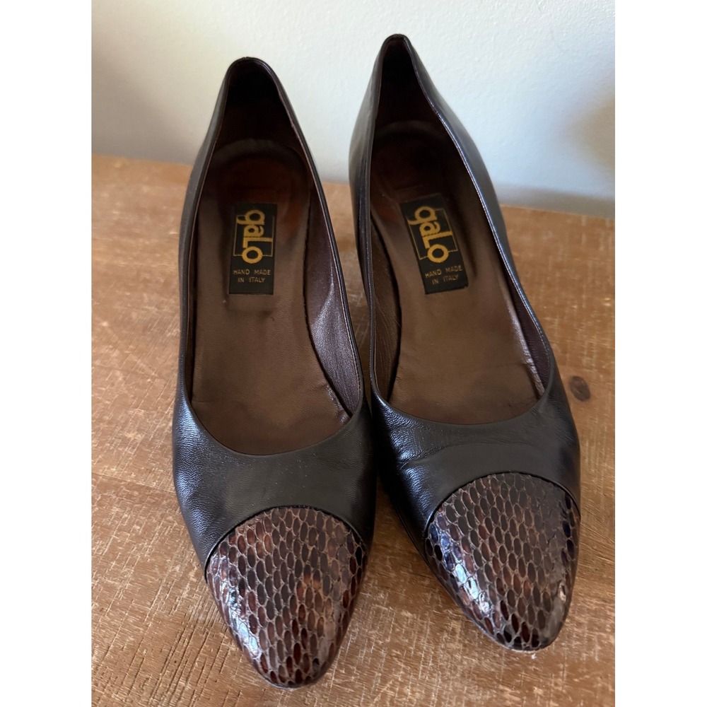 Galo Italy Womens Black Leather Snakeskin Cap Toe Kitten Heel Pumps Size 37.5